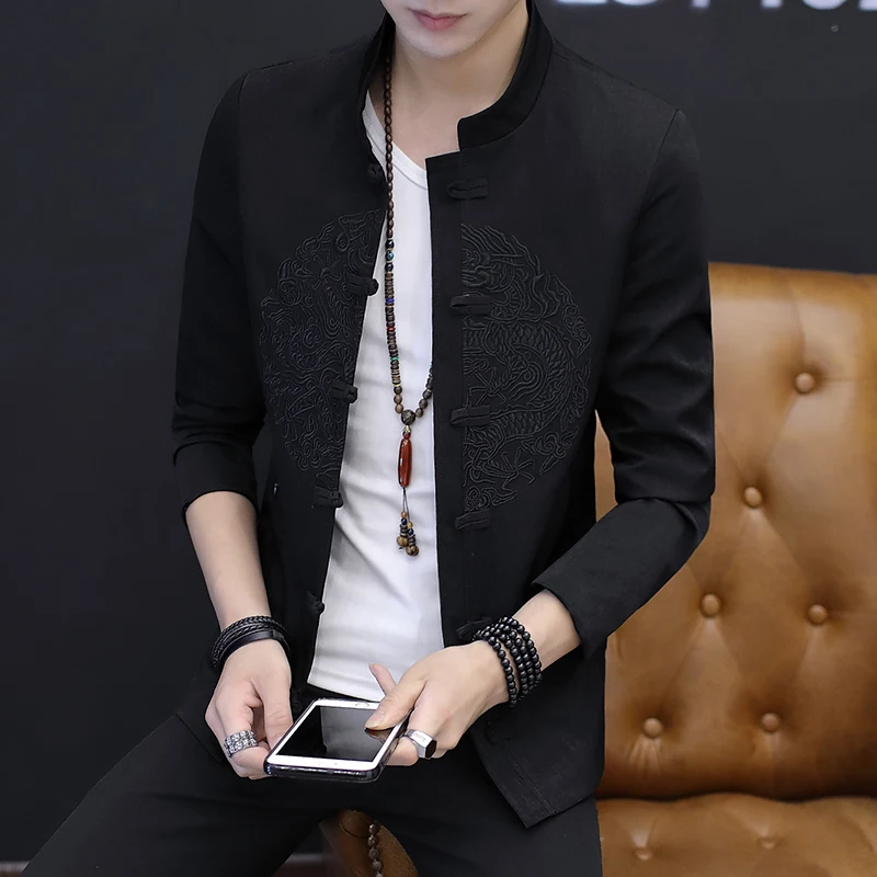 

Chinese Style Men Long-sleeved Embroidered Jacket Fashion Slim Elegant Men's Coat 3 Colors Choice