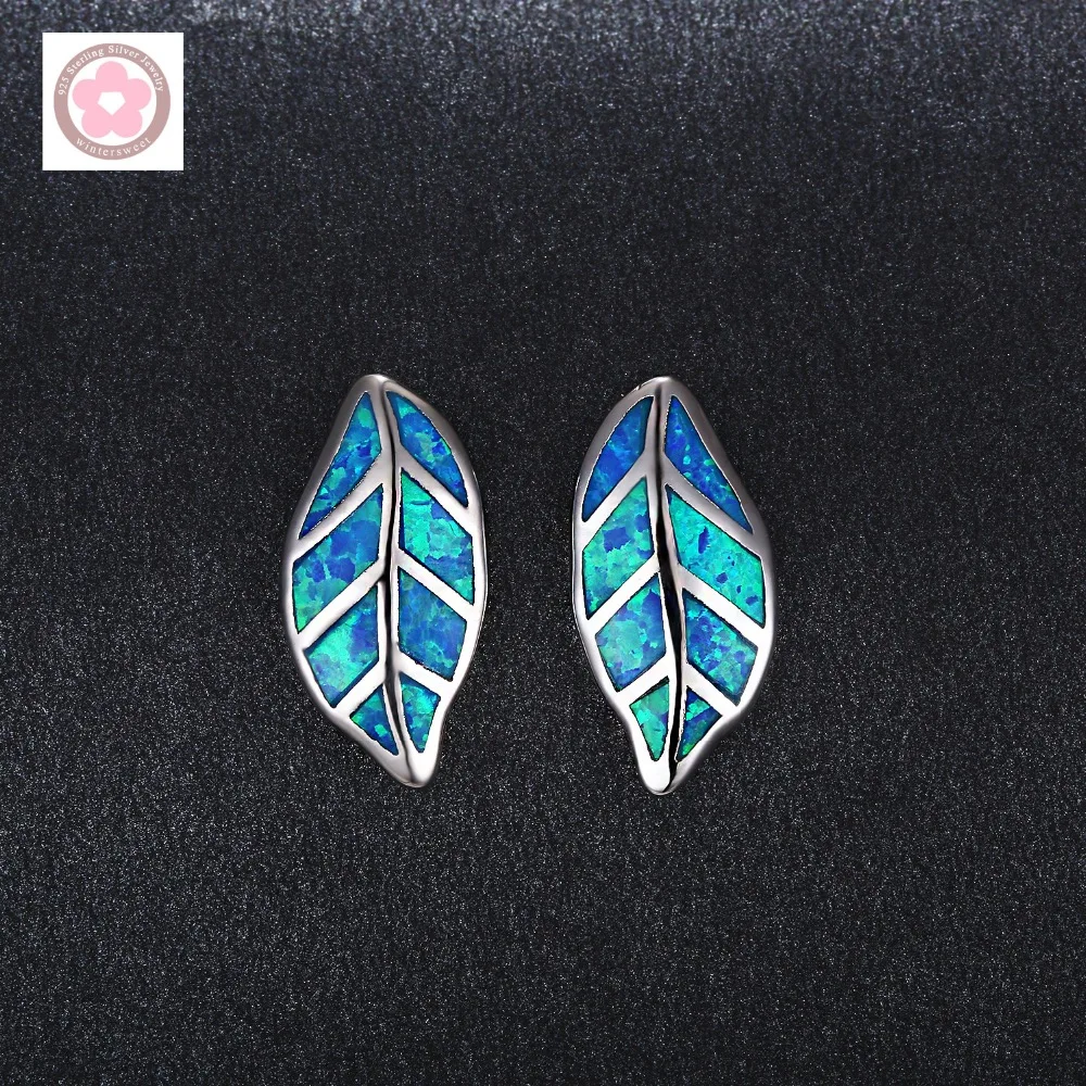 

JLE103 Top Sale Tree Leaf Design Blue Opal Women Stud Earrings Fashion Jewelry Post Earrings for Birthday and Valentine Day gift