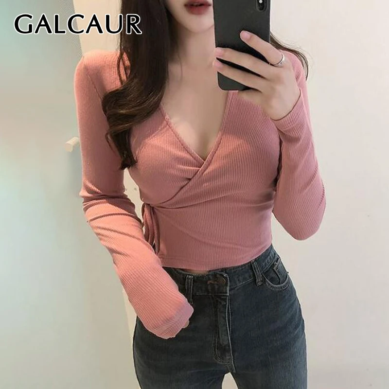 

GALCAUR Summer Sexy Solid T-shirt For Women V Neck Long Sleeve Bowknot Lace Up T-shirts Female 2019 Fashion Clothing New