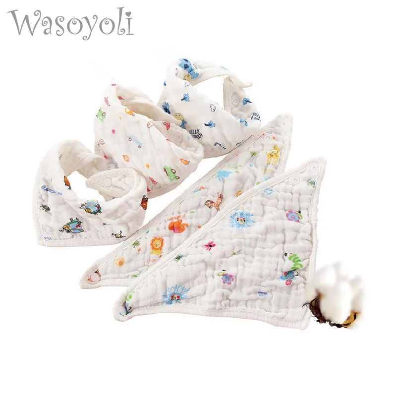 

Wasoyoli 3 Pieces / Lot Colorful Triangle Scarf 100% Cotton 6 layers With Button Baby Bib Toddler Boy Girl Feeding Burp Cloths