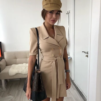 

Sashes Short Sleeve Double Breasted Trench Dress Women Beige Black Elegant Streetwear Party Nightclub Robe Femme Gown Vestidos