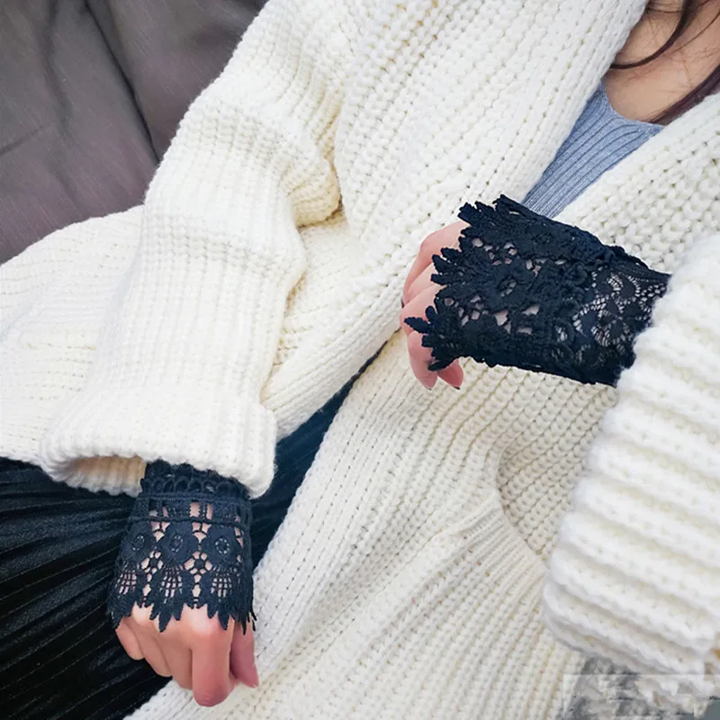 Новинка, черные, белые кружевные перчатки без пальцев, накладные рукава, открытые Цветочные женские перчатки, осенне-зимние кружевные перчатки для девочек