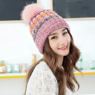 PLOERMIN, женская зимняя шапка и шарф, набор, теплая бархатная вязаная шапка, шарф для девочек, высокое качество, Меховые помпоны, шапки, дамские шапочки - Цвет: pink hat