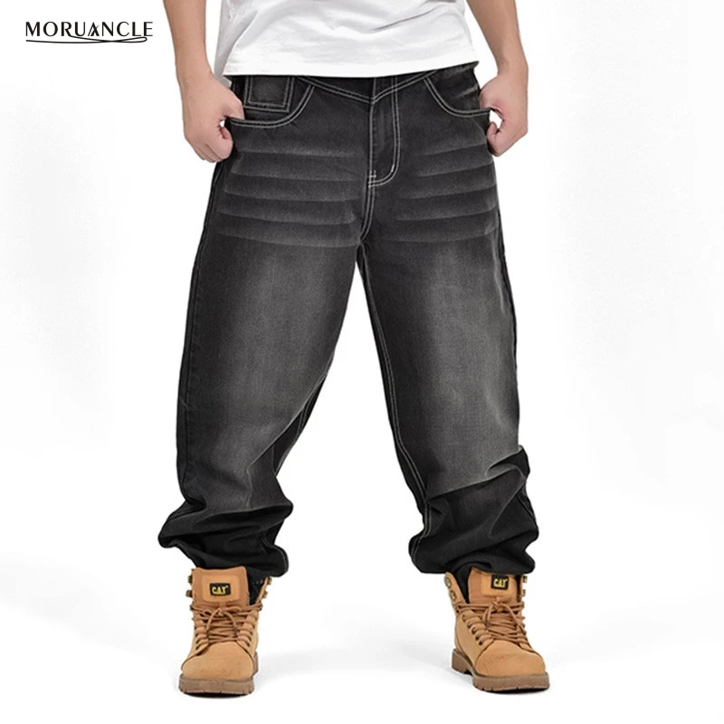 MORUANCLE Men Skateboard Jogger Jeans Fashion Baggy Hip Hop Denim Pants Plus Size 30 46 Black