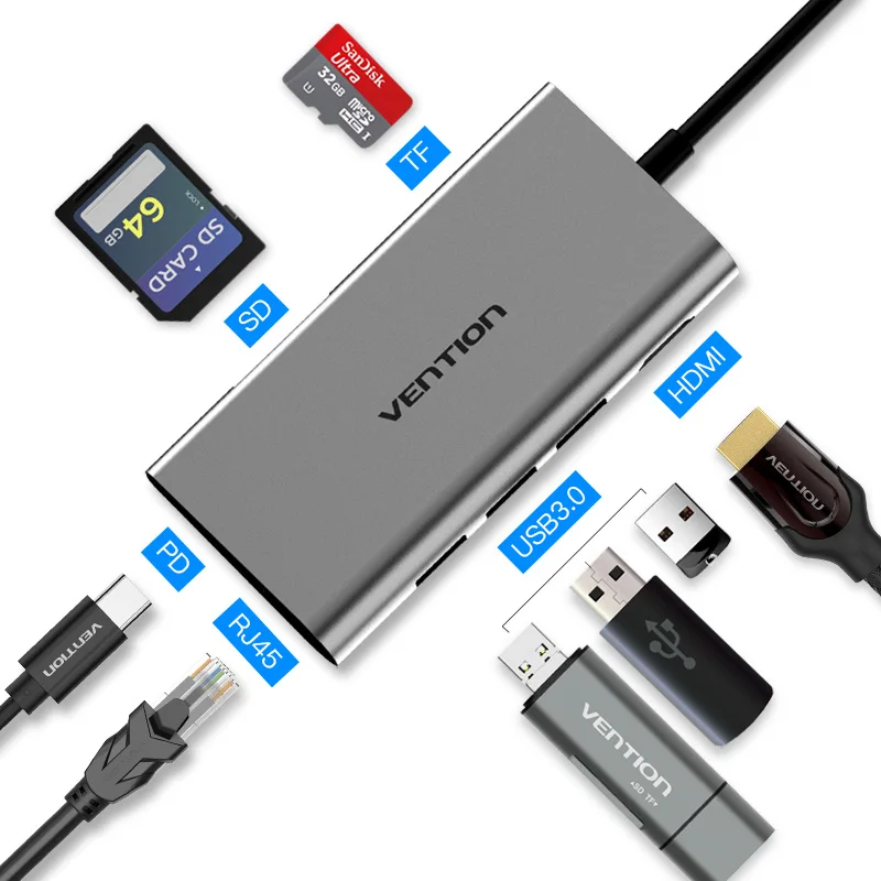 Vention usb-хаб usb type C к HDMI USB 3,0 концентратор Thunderbolt 3 адаптер для MacBook samsung S9 huawei mate 20 P20 Pro USB-C концентратор - Цвет: CMB 8 in 1