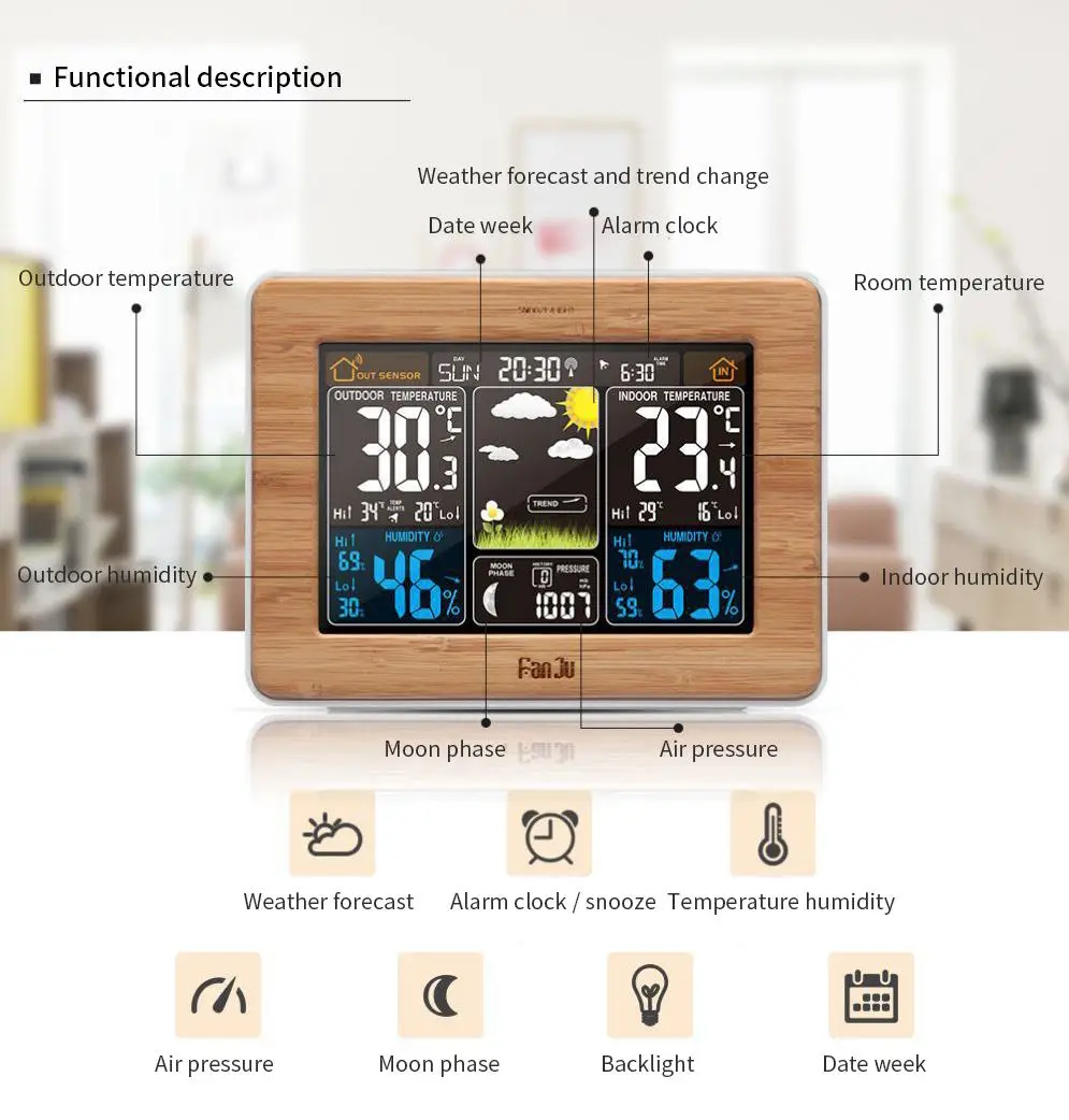FanJu FJ3365 EU/US Plug Метеостанция Многофункциональные цифровые часы температура влажность Луна фаза настольный ЖК-будильник