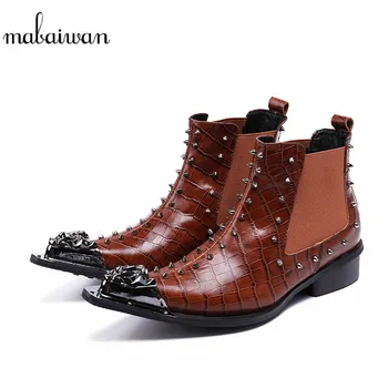 

Mabaiwan New Men Shoes Genuine Leather Rivets Winter Ankle Boots Slipper Autumn Shoes Men's Elastic band Military Cowboy Boots