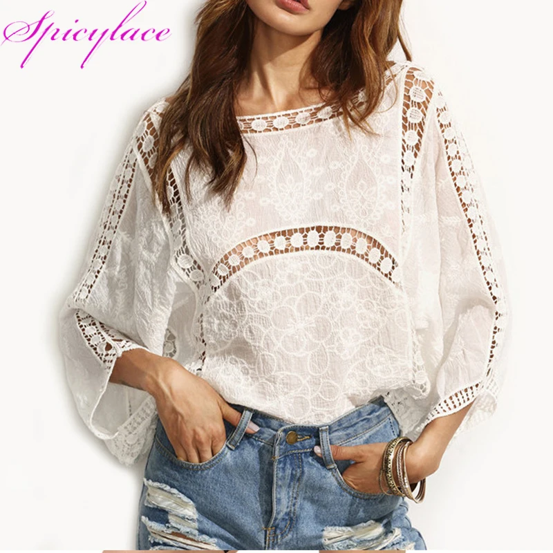

Spicylace Women Blouses Beach Elegant Tops Blouses Lace Hollow Out Tops Street-wear Loose Casual Sexy Cotton Blouses