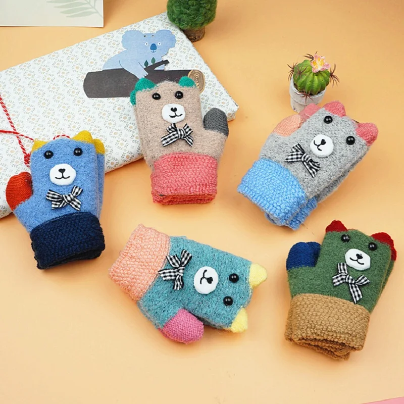 Cute Kids Baby Gloves Winter Knit Mittens Thick Warm Children Full Finger Gloves