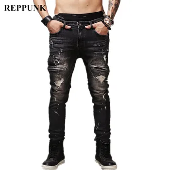 

REPPUNK 2019 New Designed Men Blue Jeans Knee Destroyed Ripped streetwear hiphop Ankle Zipper Skinny biker pants For male