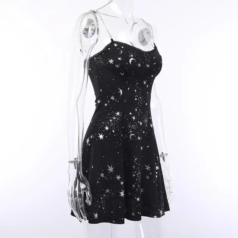 Gothic Punk Chain Cami Dress Night Sky Star Moon Print Empire Waist Zipper Mini Dress