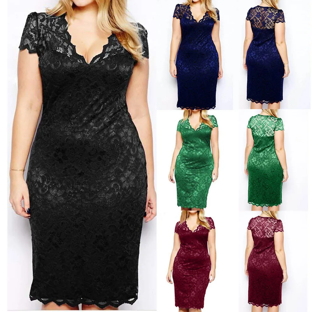 

2019 New Fashion Women Sexy Plue size Solid Color Short Sleeve V-Neck Lace Hollow out Dress ropa mujer elbise vadim vestido #C