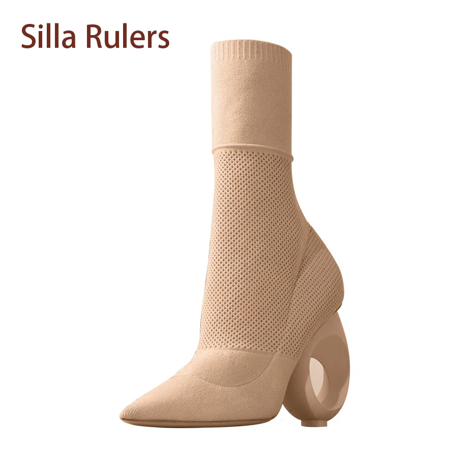 

Silla Rulers New Arrival Knitting Wool Stylish Boot For Women Camel Black Hollow Round Strange Heels Slim Bota Elastic Sock Boot