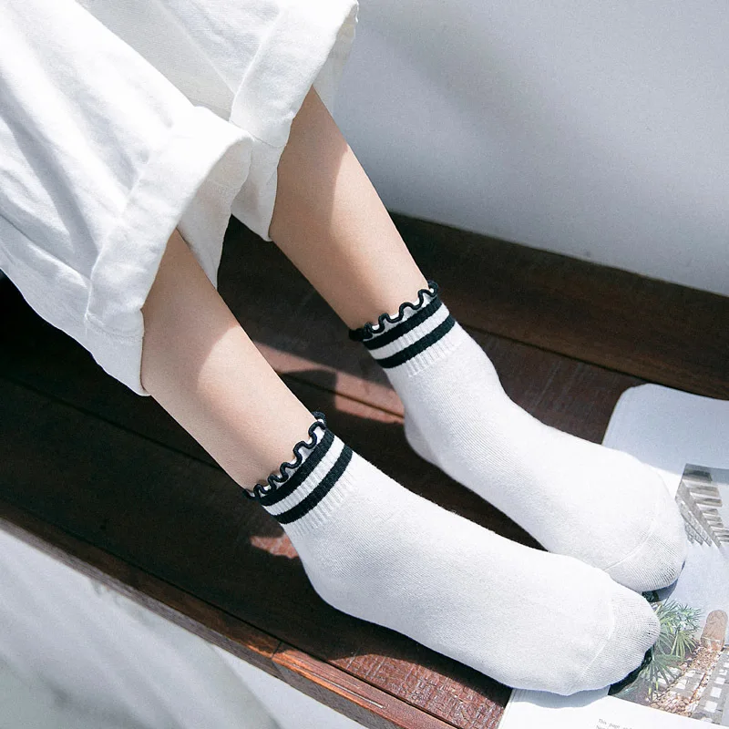 Women Socks Autumn Striped Heart Cotton Solid Color Lace Cute Dots Casual Breathable White Women Fashion Lady Socks 1 Pair