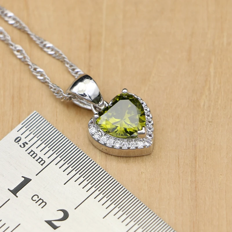 Сердце 925 серебряные ювелирные изделия оливково-зеленый кубический цирконий Ювелирные наборы для женщин Свадебные серьги/кулон/ожерелье/кольца/браслет