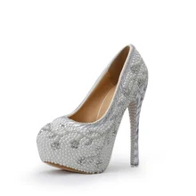2016 Crystal Handmade White Heel Pearl Bridal Shoe Luxurious Rhinestone Wedding Shoes Women High Heels Platform Pumps Plus Size
