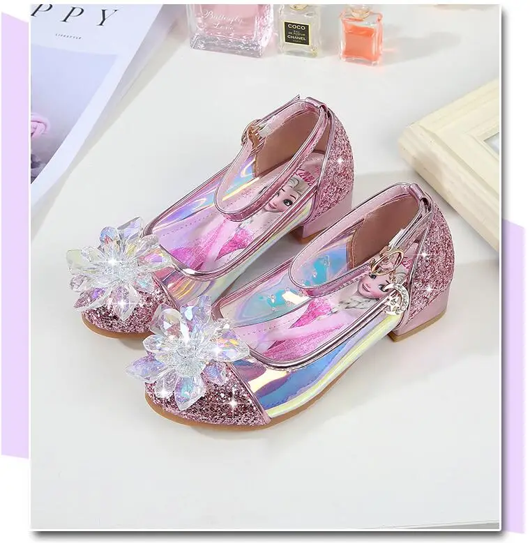 Модная обувь для девочек; кожаные туфли принцессы с высоким каблуком; детская обувь для вечеринки с блестками и кристаллами; кроссовки «Эльза»; подарок для детей
