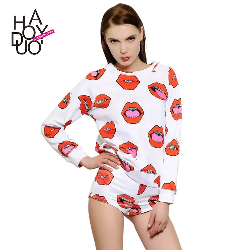 spring and summer hip-hop tide models lips printing sleeve pullover horns Sweatshirts | Женская одежда