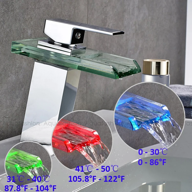 LED Glass Washbasin Faucet Single Handle Waterfall Tap LED Light Glass Basin Waterfall Taps Free Shipping (750)