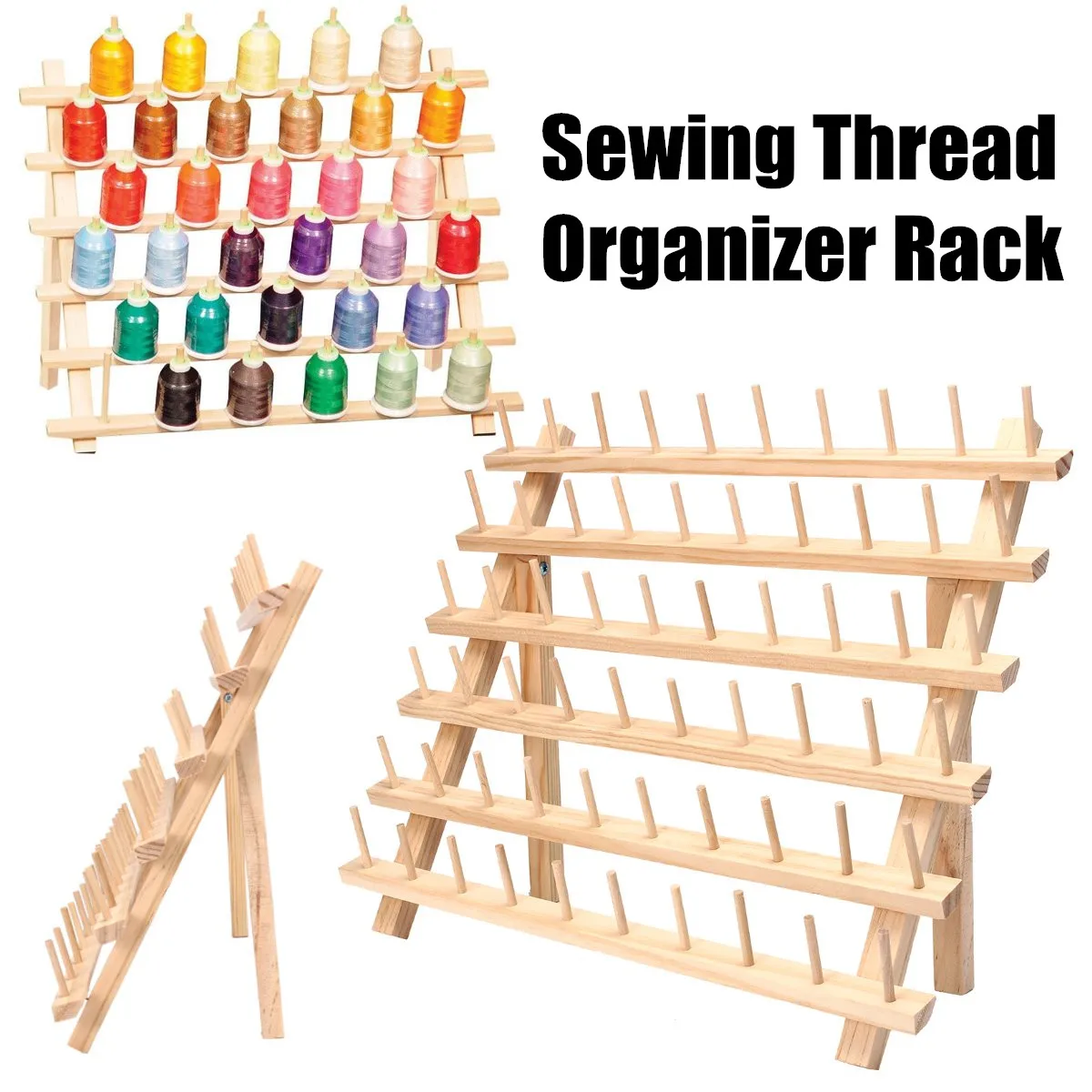 Foldable 60 Spools Sewing Threads Storage Rack Holder Embroidery Wooden