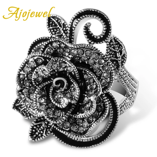 Ajojewel #7-9 Black Rose Flower Big Vintage Rings For Women Unique Retro Crystal Ajojewel #7-9 Black Rose Flower Big Vintage Rings For Women Unique Retro Crystal