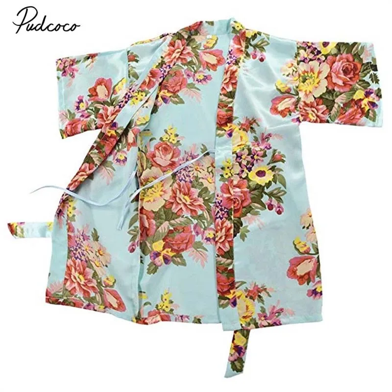 Pudcoco малышей Дети Девочки халаты пижамы Детские пижамы шелковые цветочные хлопок воротником пояса пижамы Халаты От 2 до 14 лет - Цвет: Light Blue