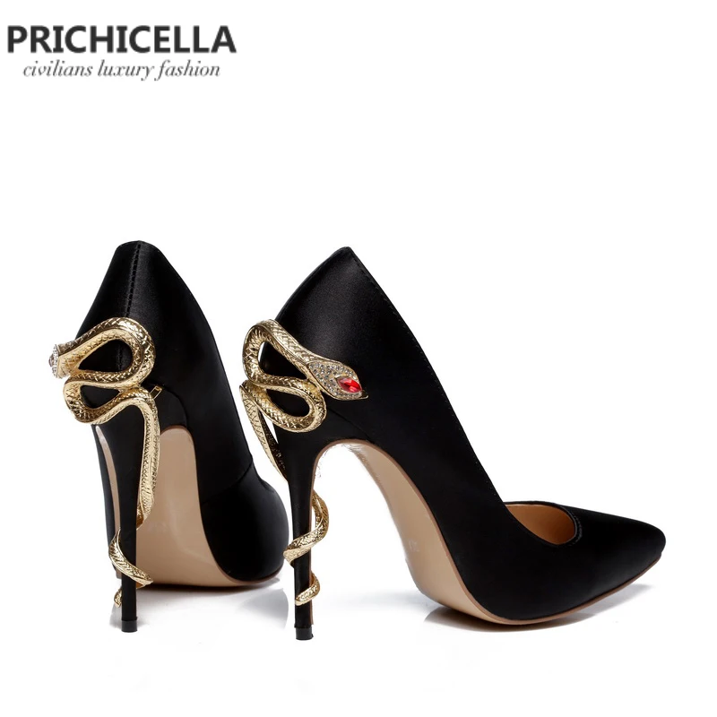 PRICHICELLA Satin Gold mental snake heel dress shoe unique genuine leather pointed toe high heeled pumps