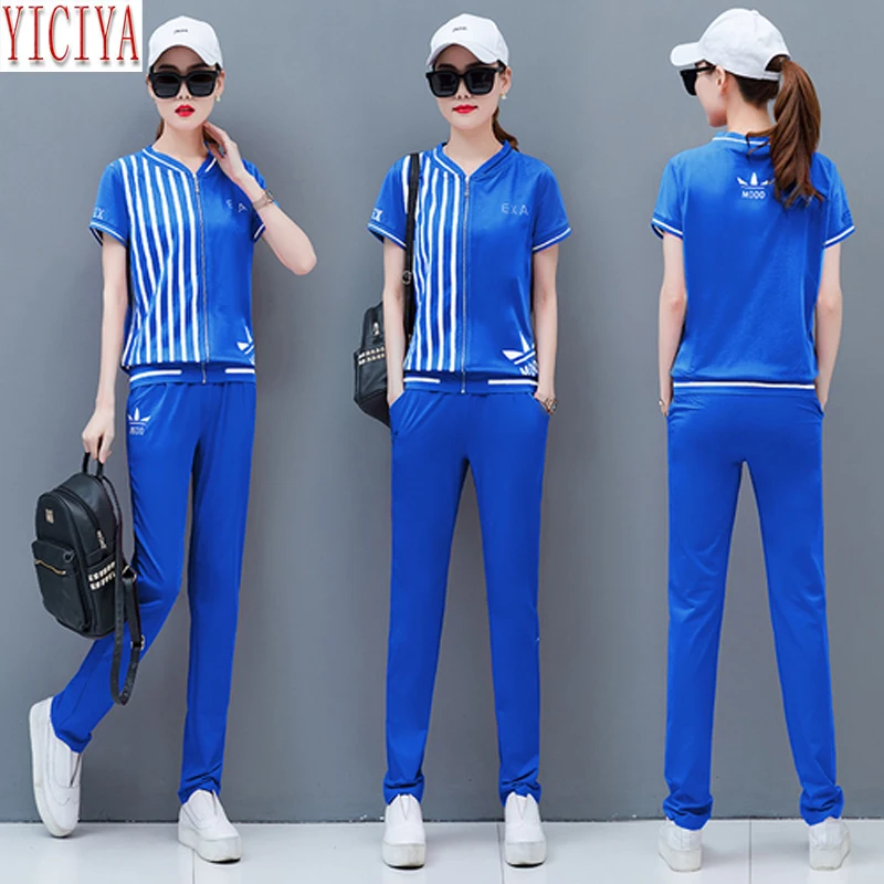 

Blue Tracksuits for Women Plus Size Big Two Piece Outfit Zipped Set Co-ord Set 2019 Summer Striped Top and Pants Suits Clothing