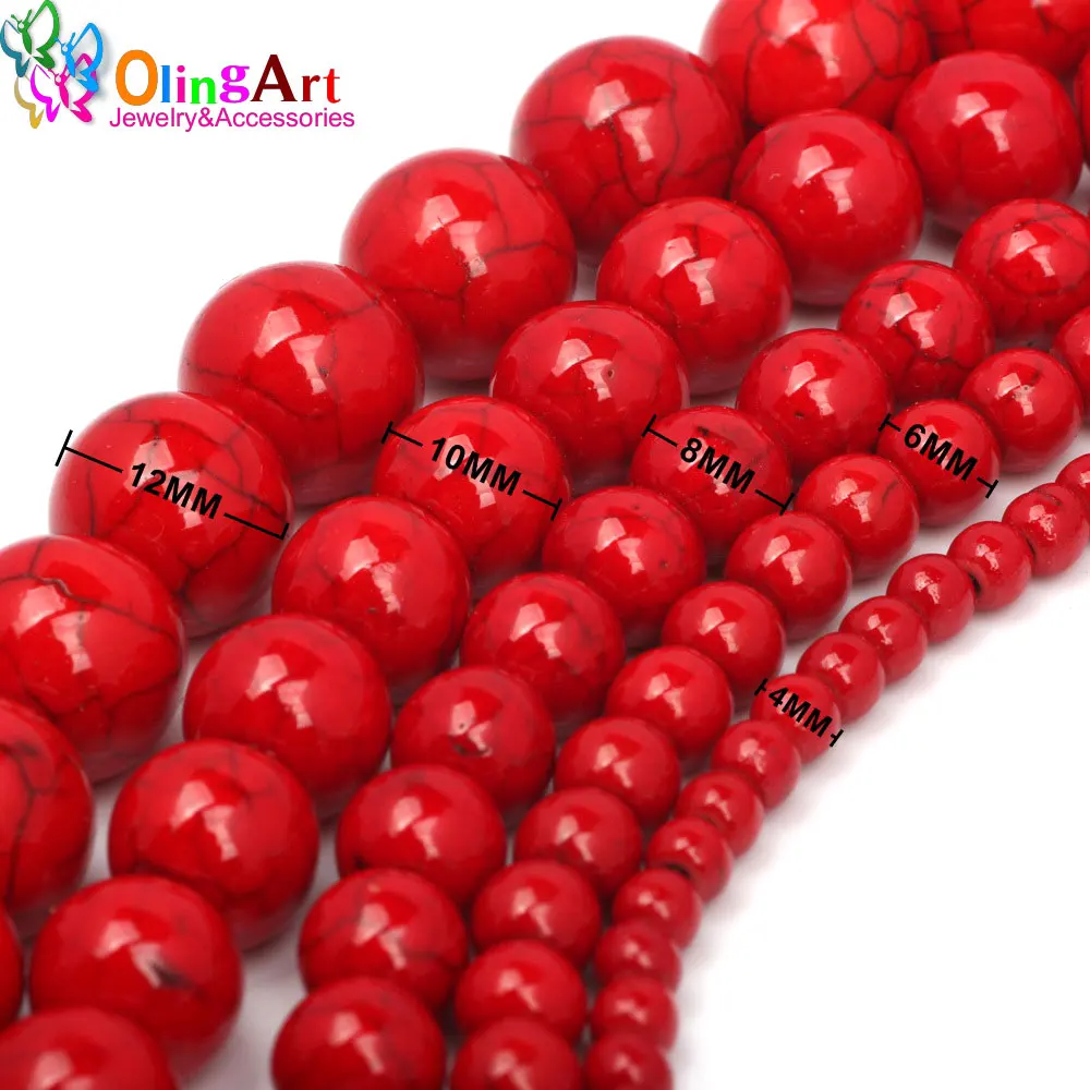 

OlingArt 4 6 8 10 12mm Synthetic Stone Beads Round Red Turquoises Light Color Howlite Fashion For Bracelet Jewelry Making NEW