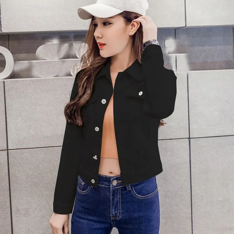 

5 Colors Autumn Women Denim Jacket Solid Overcoat Short Jeans Basic Jackets Turn Down Collar Slim White Black Jeans Jacket
