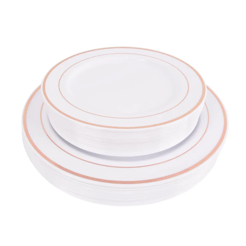 Одноразовые пластиковые тарелки из розового золота-ободок из розового золота для свадебной вечеринки, сверхпрочные обеденные тарелки премиум класса и тарелки для салата