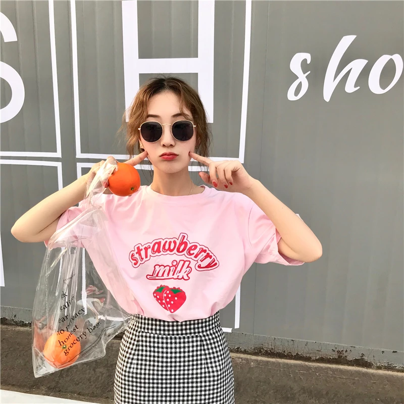

Harajuku Kawaii Strawberry Milk t shirt Tops Women Summer Oversize SX-XXL Pink tshirt Clothes Schoolgirl Streetwear Tumblr