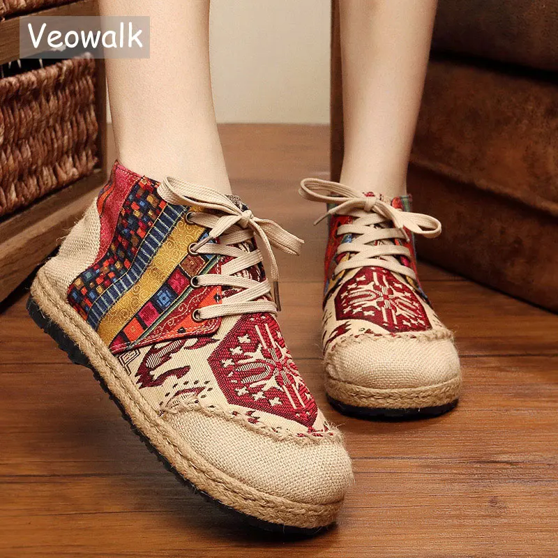 Veowalk High Top Cotton Embroidered Women Casual Linen Flat Shoes Handmade Lace up Thick Hemp Soled Canvas Shoes Zapato Mujer Veowalk High Top Cotton Embroidered Women Casual Linen Flat Shoes Handmade Lace up Thick Hemp Soled Canvas Shoes Zapato Mujer