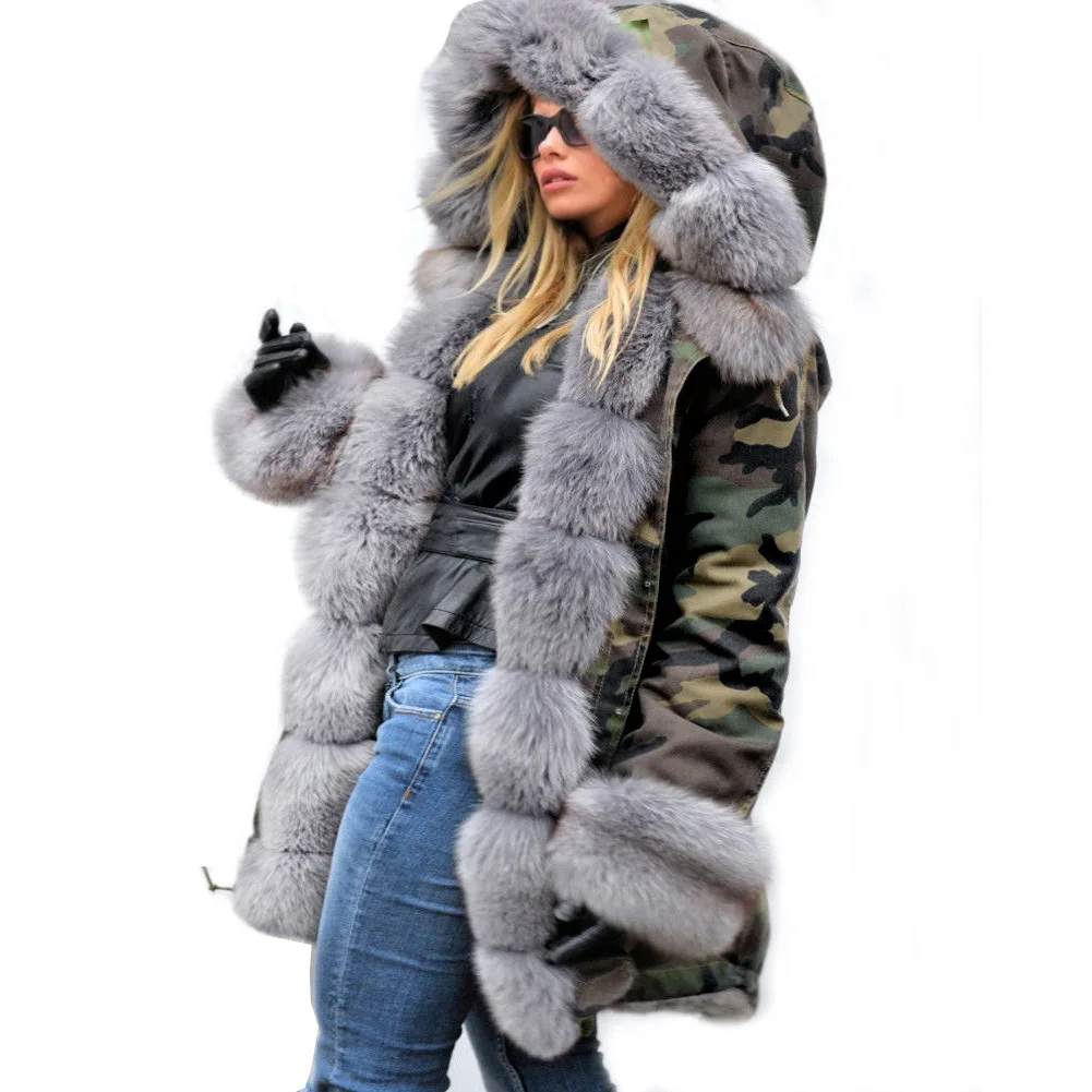 Женские камуфляжные парки, большой воротник из искусственного меха енота, пальто с капюшоном, верхняя одежда, съемная подкладка из искусственного меха кролика, зимняя куртка