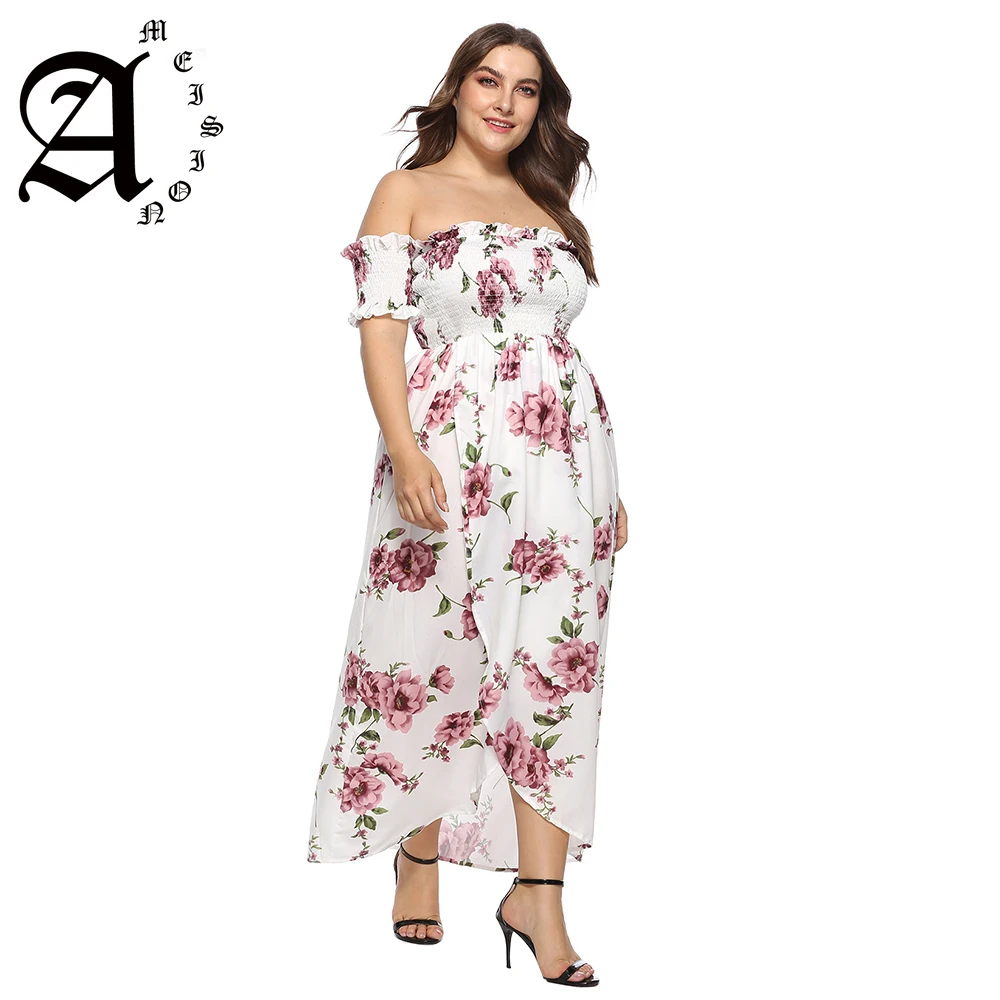 

Ameision Floral Print Women Casual Dress Plus Size Summer Boat Collar Short Sleeve Beach Dress High Waist A-Line Party Dresses