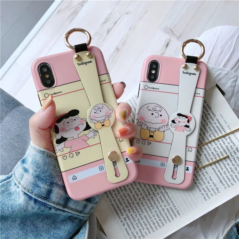 

Luxury design Charlie Brown Lucy phone case for iphone 6 6splus xr x xsmax 7 8plus couple pink silicon soft wristband back cover