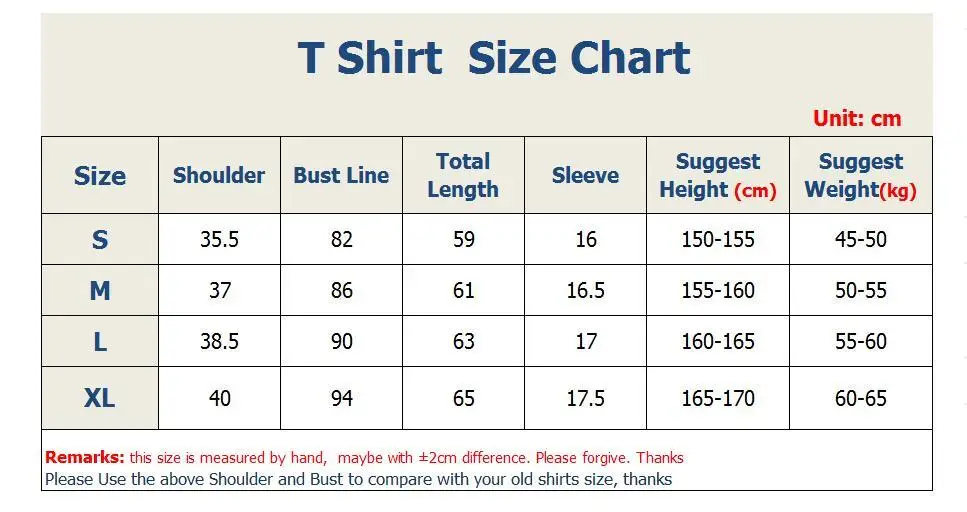 T shirt Size chart