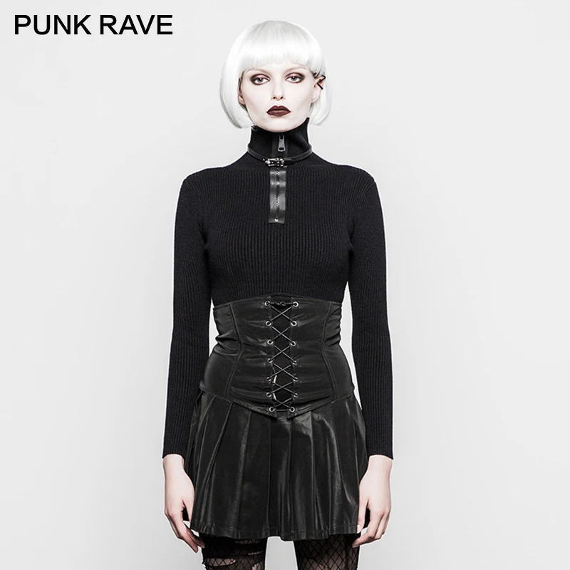 

PUNK RAVE Women Fashion Punk High Collar Sweater Gothic Black Show Thin Sweater Casual Long Sleeve Women Winter Sweater