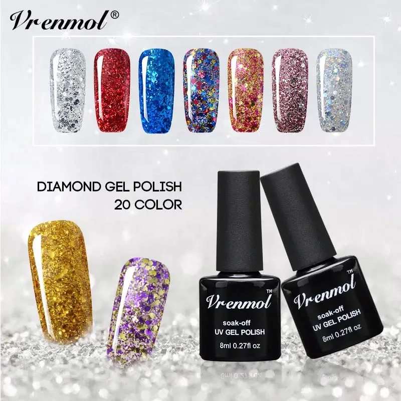 

Vrenmol Diamond Nail Gel Glitter LED UV Gel Lacquer Shiny Sequins Soak Off Gel Nail Polish Vernis Semi Permanent Gellak