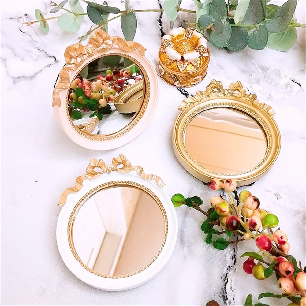 

European Vintage Mini Portable Resin Glass Mirror Calm Makeup Plate Gold/pink/white Candy Cake Trays Tool Decoration 10cm*11cm