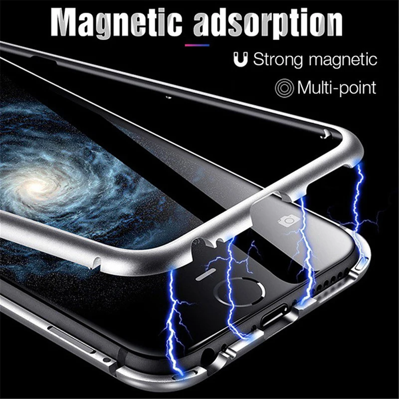 

Case For iPhone X 10 Luxury Metal Bumper+Tempered Glass Back Cover Flip Case For iPhoneX Phone Magnetic Adsorption Cases