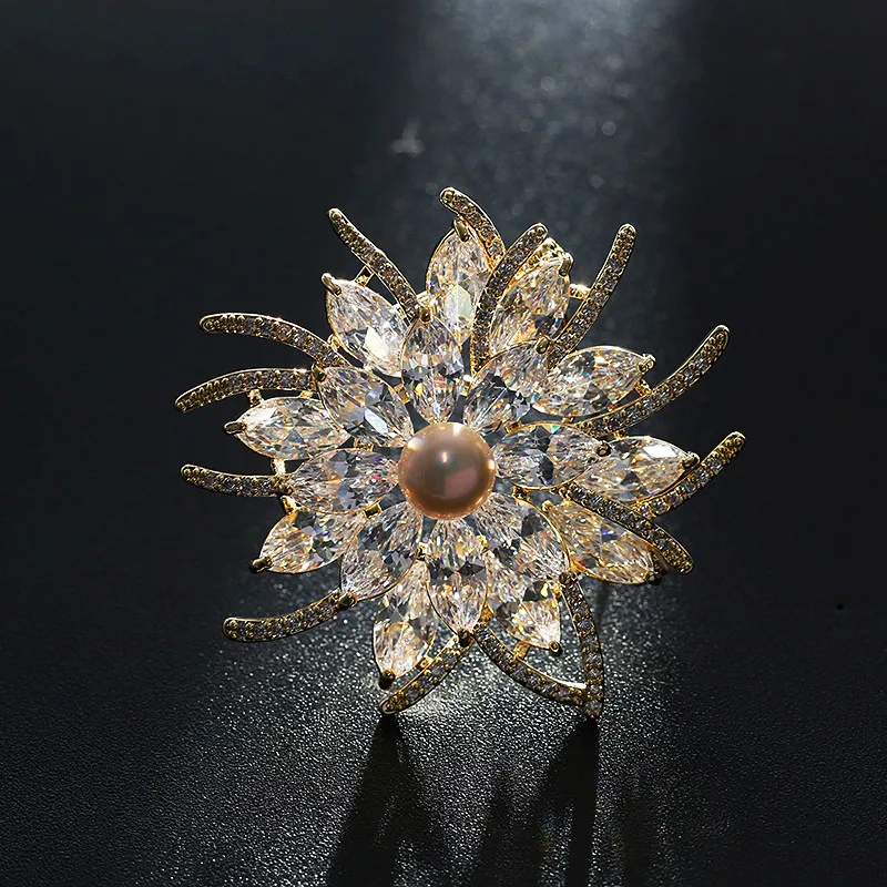 

XIHA Mirco Pave CZ Zircon Pins and Brooches Luxury Marquise Crystal Freshwater Pearl Flower Brooch for Women Men Suit Accessory