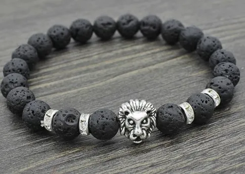 

8mm joi75 silver elastic adjusted Charm copper lion nature black stone volcanic lava Bracelet Reiki Chakra Buddha Yoga