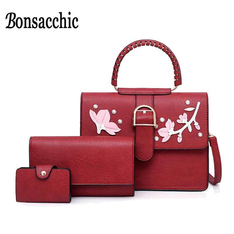 

Bonsacchic 3pcs Red Female Bag Ladies Leather Handbags Luxury Handbags Women Bags Designer Crossbody Bag for Women Clutch Purse
