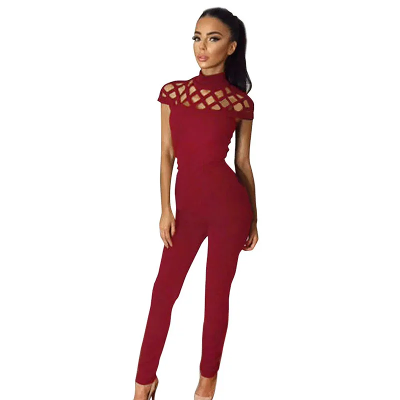 Ladies Choker Hollow Out High Neck Bodycon Caged Sleeves Bodysuit Tops Jushye Women Sleeveless Jumpsuit