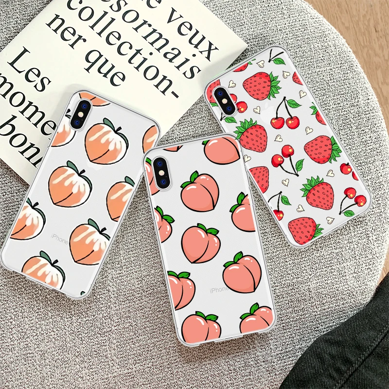 

Cartoon Cute Summer Fruit Peach Pineapple Phone Case Coque For iPhone XR 6 6S Plus X 5 SE Clear Phone Cover For iPhone 8 7 Plus