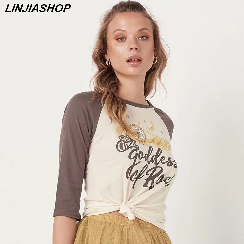

Elegant apricot beach summer tshirt moon and stars color patchwork o neck holiday boho tees tops designer new arrivals 2019