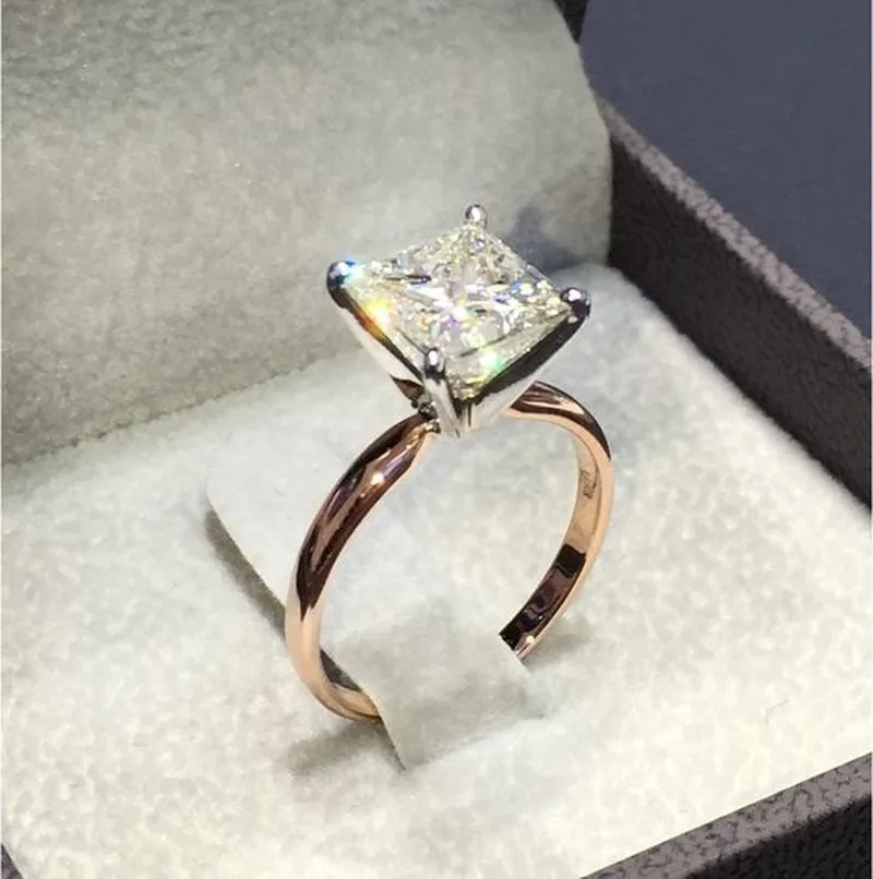 

1 Pcs New Gold Color Square Shape Ring Princess Cut Stamp For Women Pave Zircon Stone Wedding Jewelry Inlaid Rings