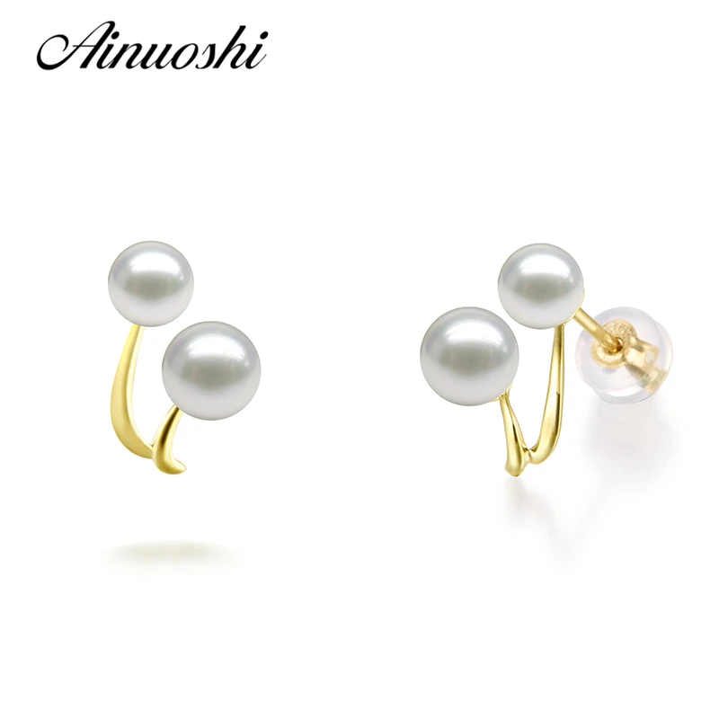 AINUOSHI Trendy  18K Yellow Gold Women Earring Natural Fresh Water Pearl Perfect Round Wedding Anniversary Lover Earring Jewelry