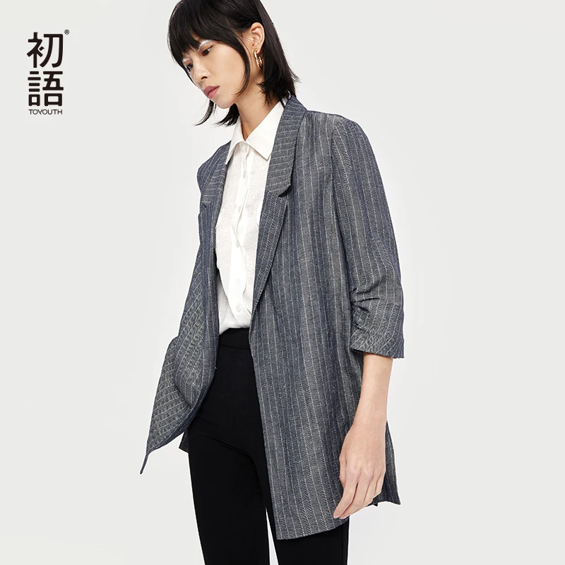 Toyouth Vintage Stylish Striped Blazers Coat Women 2019 Fashion Notched Collar Three Sleeve Office Ladies Outerwear Casaco Femme